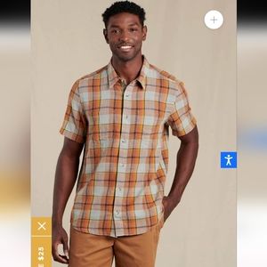 Toad&Co Shirt Salton Plaid Organic Cotton Button Up Short Sleeve Orange Blue